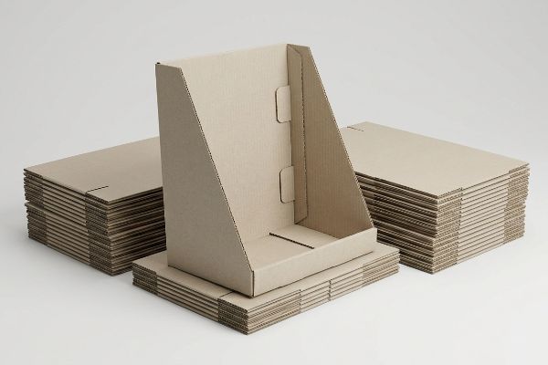An assembled corrugated cardboard display rack stands on stacks of unassembled flat-pack retail display sheets.