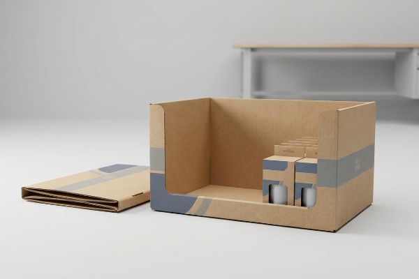 Brown corrugated PDQ display, pre-packed with products, next to a flat-pack shelf-ready tray, featuring a grey and blue design.
