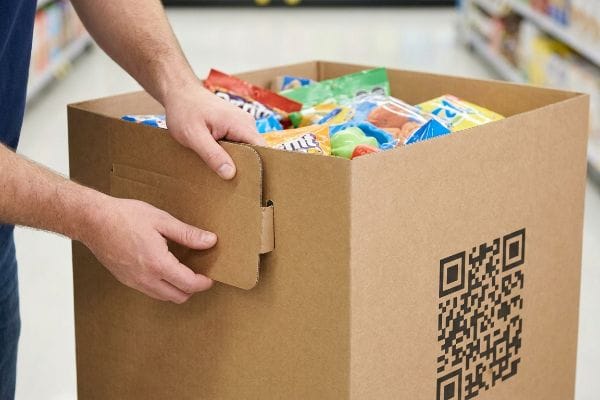 صندوق تخزين كرتوني بني اللون مموج، مزود برمز QR بارز، وأيدٍ تثبت لسانًا لتجميع سهل، ومملوء بوجبات خفيفة ملونة.