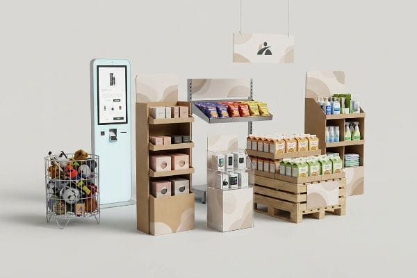 A retail environment showcases diverse point-of-purchase displays, including an interactive kiosk, floor stands, pallet build, dump bin, and hanging sign.