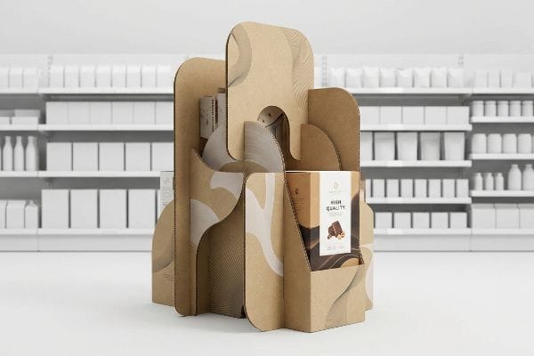 Kraft cardboard display stand with asymmetrical die-cut curves, showcasing a 'High Quality' chocolate box in a retail aisle.