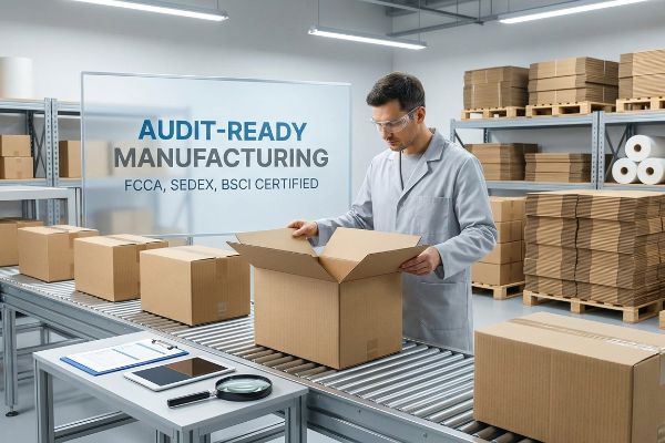Man in safety glasses inspecting a cardboard box on a conveyor belt, with 'Audit-Ready Manufacturing: FCCA, Sedex, BSCI Certified' on screen.