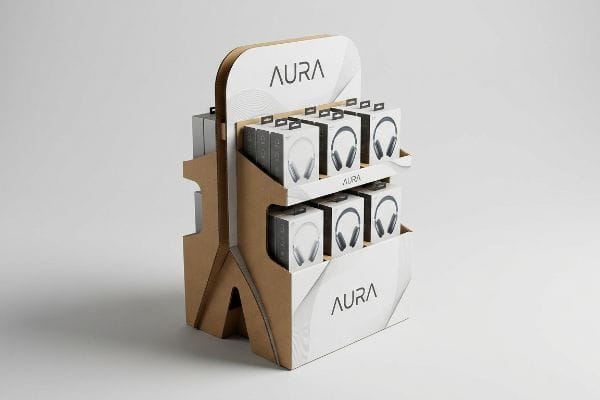 Brown kraft cardboard point-of-purchase display for Aura headphones, featuring a two-tier shelf design with white product boxes.