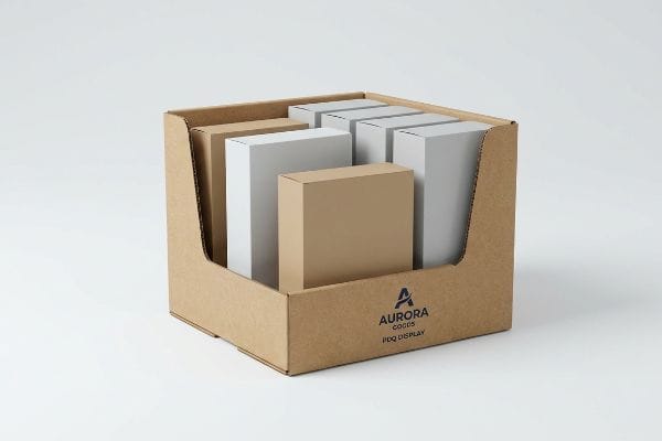 This corrugated Aurora Goods PDQ Display unit, pre-loaded with white and kraft product boxes, is ready for retail merchandising.