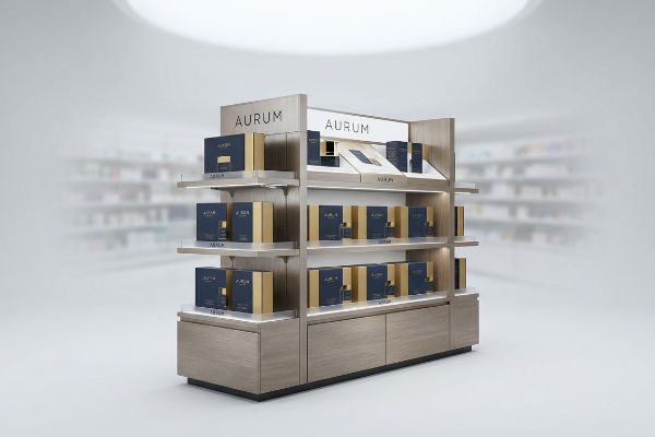 A modern wooden media display fixture showcases Aurum premium products in dark blue and gold packaging with integrated lighting on multiple shelves.