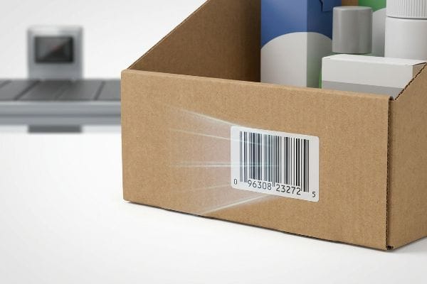 Brown corrugated cardboard box with a UCC-128 barcode (0 96308 23272 5) being scanned by automated supply chain equipment.