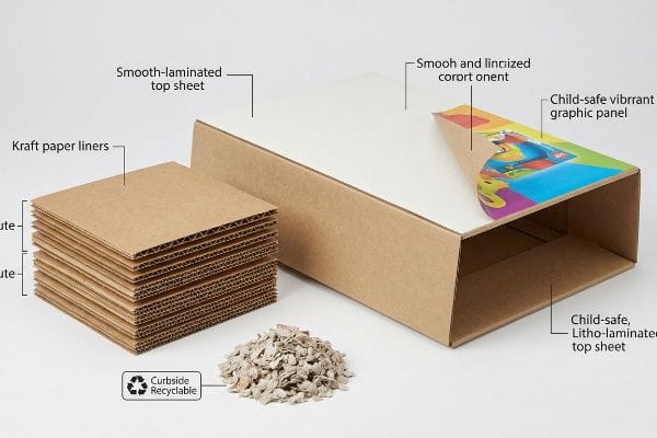 Corrugated cardboard materials: B-flute, E-flute kraft liners, smooth-laminated, child-safe litho-laminated graphic panel, curbside recyclable.