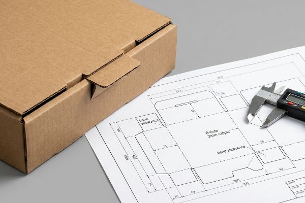 Caja de cartón corrugado marrón junto a una línea de troquelado de embalaje, con un calibrador digital que mide el calibre de 3 mm de la flauta B y el margen de curvatura para el diseño estructural.