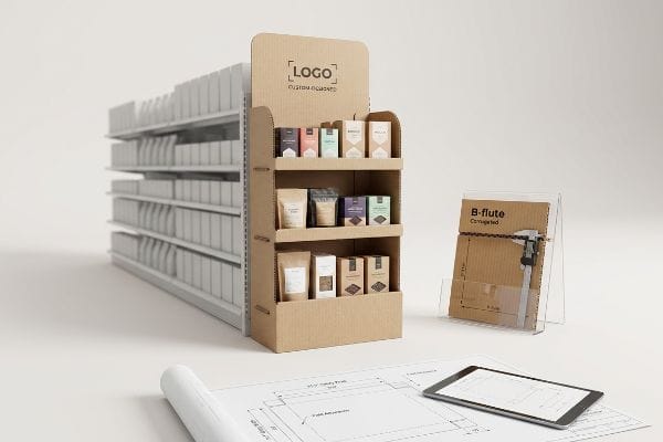 B-flute corrugated board measured by a digital caliper, next to a Custom Elements endcap display and dieline blueprints.