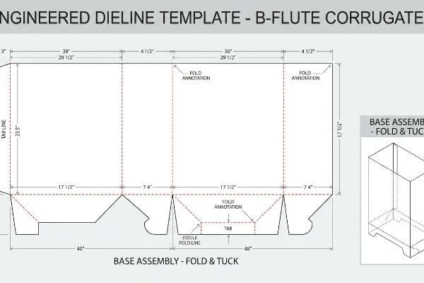 B-Flute corrugated engineered dieline template for a Base Assembly - Fold & Tuck box, displaying precise dimensions and fold annotations.