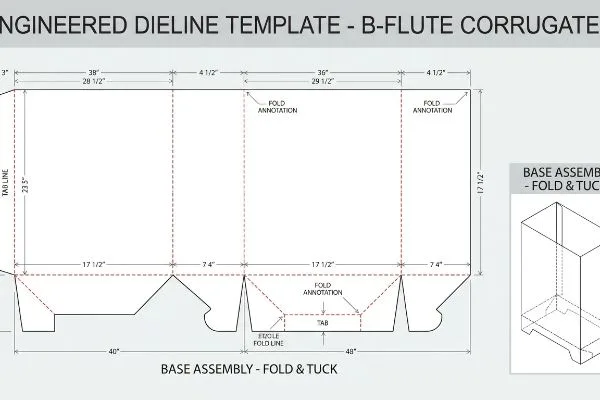 Plantilla de troquelado de cartón corrugado de flauta B para una caja de ensamblaje base plegable, que muestra dimensiones precisas y anotaciones de plegado.