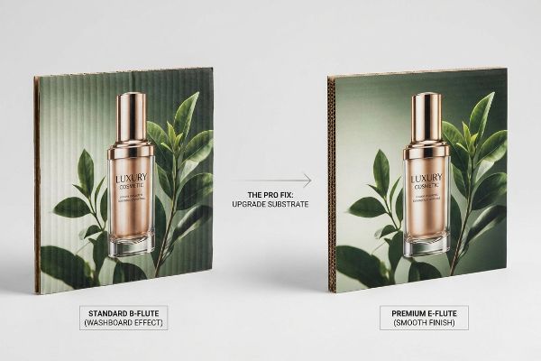 Corrugated B-flute with washboard effect compared to smooth E-flute for luxury cosmetic digital printing.
