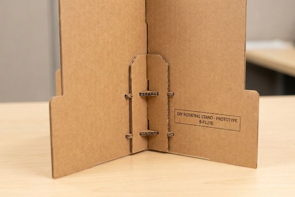 El cartón corrugado marrón de flauta B forma un prototipo de soporte giratorio para armar uno mismo, que cuenta con pestañas de papel entrelazadas.