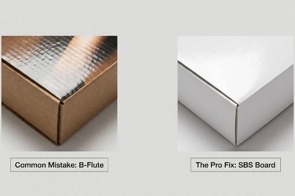 A close-up comparison of packaging materials, featuring a brown B-Flute corrugated box labeled