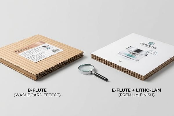 B-Flute corrugated board, Washboard Effect, contrasted with smooth E-Flute Litho-Lam premium cosmetic packaging, magnifying glass.