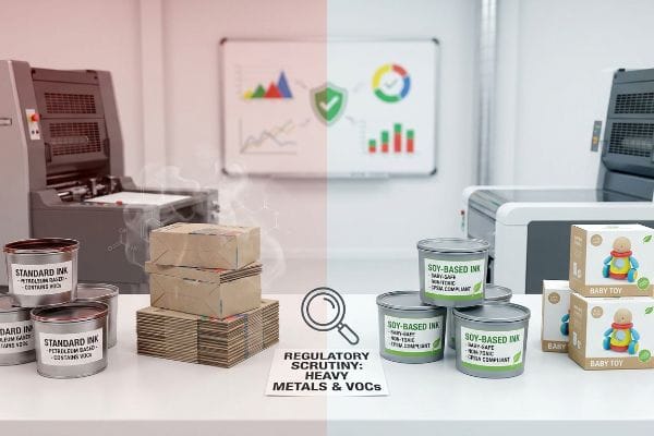 Standard Ink (petroleum-based, VOCs) vs. CPSIA-compliant Soy-Based Ink for baby packaging, under regulatory scrutiny.