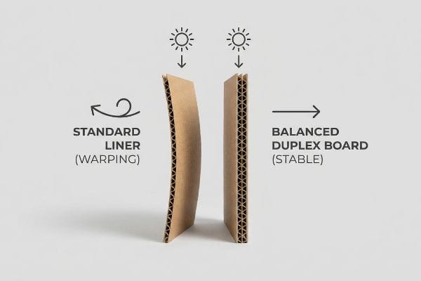 Corrugated cardboard comparison showing a warped Standard Liner versus a stable Balanced Duplex Board under sunlight, illustrating thermal distortion.