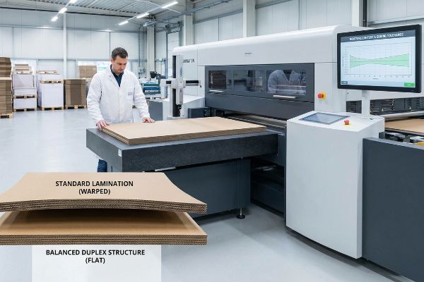 Corrugated board comparison showing warped Standard Lamination and flat Balanced Duplex Structure, with a technician inspecting sheets near a litho-laminator.