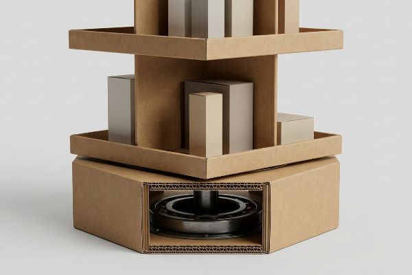 Un expositor de cartón corrugado de varios niveles con un mecanismo de rodamientos de bolas visible en su base, que sirve para sostener cajas pequeñas.