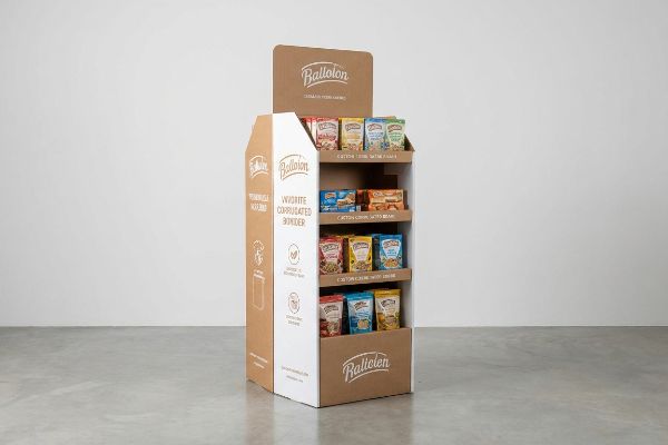 Brown and white corrugated Ballolon snack floor display with four shelves of colorful pouches, branded 'Favorite Corrugated Wonder'.
