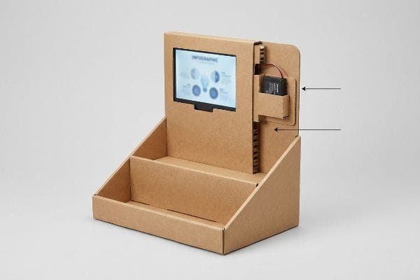 Brown corrugated cardboard display with an LCD screen showing an Infographic, featuring a battery pack in a reinforced pocket.