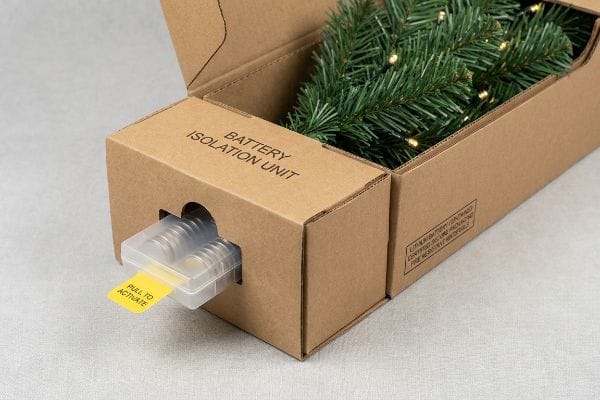 Brown corrugated box with Battery Isolation Unit and Pull To Activate tab, protecting pre-lit artificial Christmas tree batteries.