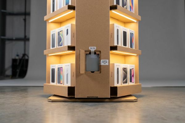 Brown corrugated cardboard rotating display stand with illuminated LED shelves featuring iPhone boxes. A central battery pack shows a 'Pull Tab' and 'Remove Before Use' label.