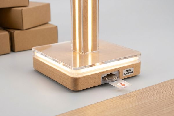 Base de madera de un soporte para pantalla LED, que muestra una pila de botón de litio con una lengüeta en una ranura compatible con la hoja de datos de seguridad de materiales (MSDS).