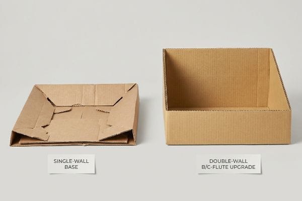 Brown corrugated cardboard display bases: a flat single-wall base next to an assembled double-wall B/C-flute upgrade.