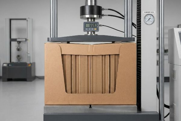 Caja de cartón corrugado marrón sometida a prueba de prensa BCT, mostrando 659 en la celda de carga digital y el medidor Liberty Seal.