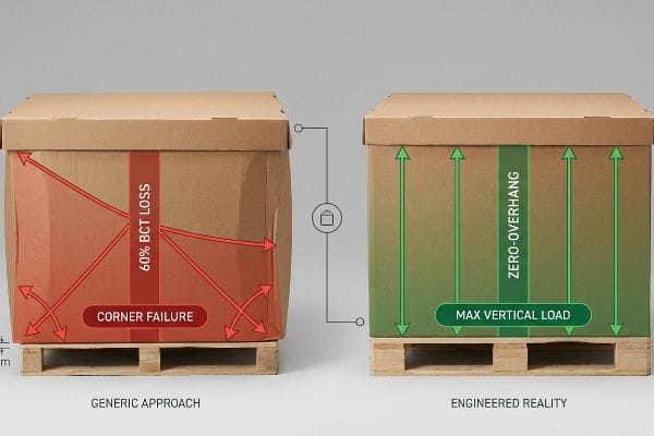 As caixas master marrons em paletes comparam a perda genérica de 60% da capacidade de carga devido à falha nos cantos por causa da saliência, em comparação com a saliência zero projetada para carga vertical máxima.