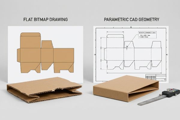 Corrugated dielines: Flat Bitmap Drawing vs. Parametric CAD Geometry with 'Bend Allowance 3mm' and caliper.