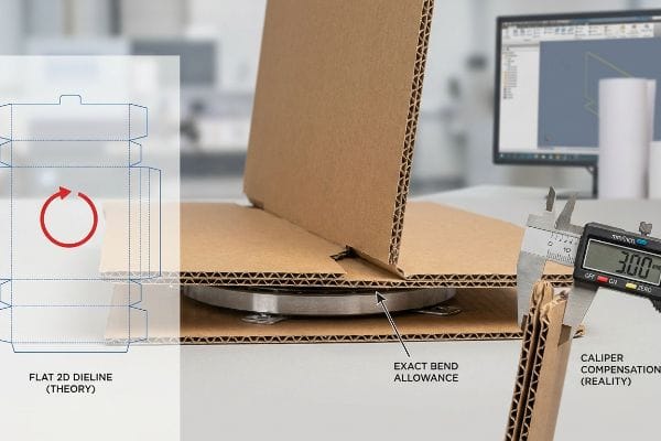 A engenharia do papelão ondulado ilustra uma linha de corte plana 2D, uma tolerância de dobra exata para uma dobra física e um paquímetro digital mostrando 3,00 mm para compensação de paquímetro.