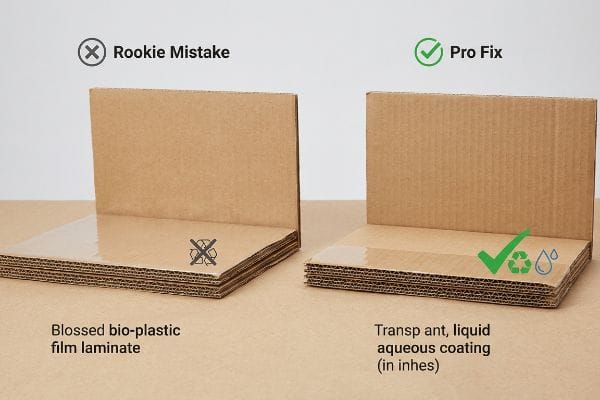 Corrugated cardboard samples show 'Rookie Mistake' bio-plastic film laminate with crossed-out recycling symbol versus 'Pro Fix' transparent liquid aqueous coating with green checkmark and recycling symbol.