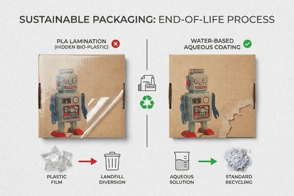 Packaging comparison: PLA Lamination (Hidden Bio-Plastic) results in plastic film waste, while Water-Based Aqueous Coating enables standard recycling.