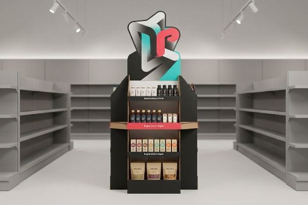 Black cardboard retail display unit with a striking die-cut header, showcasing Hesperidacea Drink, Fiecare Este Fericit, Bogdanistic Integral, and Organic products on its shelves.