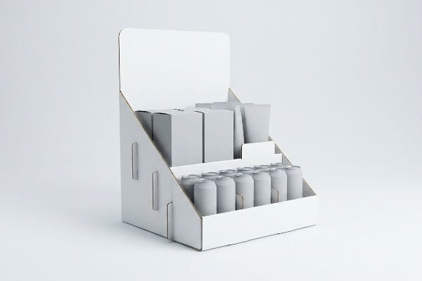 White corrugated cardboard PDQ display unit showcasing blank boxes, pouches, and cans on multi-tiered shelves, ready for retail.