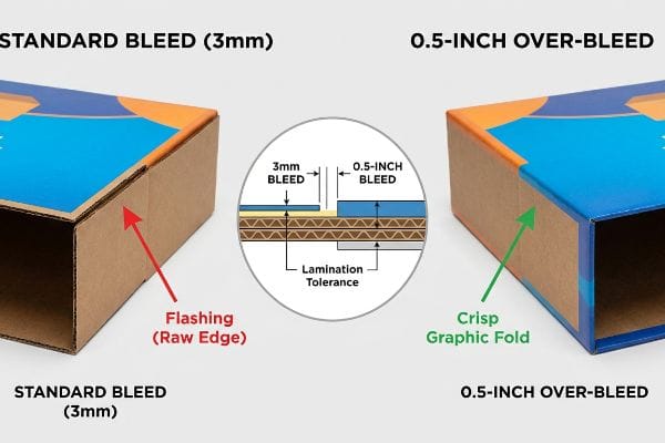 Corrugated boxes demonstrate the difference between Standard Bleed (3mm) with Flashing (Raw Edge) and 0.5-Inch Over-Bleed with a Crisp Graphic Fold, highlighting lamination tolerance.