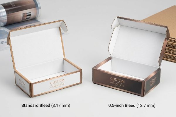 Two custom cosmetic boxes, one white with 3.17mm standard bleed and one bronze with 12.7mm 0.5-inch bleed, demonstrating litho-lamination accuracy.
