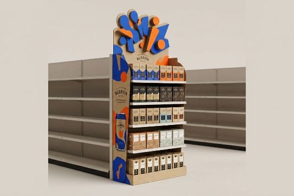 Cardboard end cap display for Bleron beverages, featuring a die-cut header with abstract blue and orange shapes and multiple shelves of product boxes.