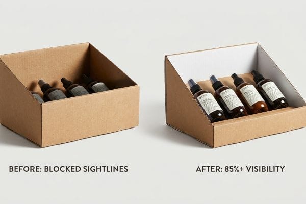 Brown corrugated retail display showing blocked sightlines of cosmetic spray bottles in a tall-lipped tray, labeled 'Before: Blocked Sightlines'.