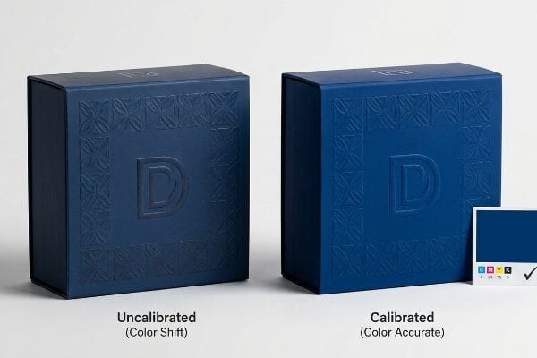 Two embossed blue packaging boxes, one Uncalibrated (Color Shift) and one Calibrated (Color Accurate) with CMYK C:94 M:74 Y:15 K:5.