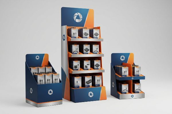 Apresentando três expositores de varejo personalizados em azul e laranja, repletos de acessórios eletrônicos embalados, com um logotipo em forma de abertura prateada.