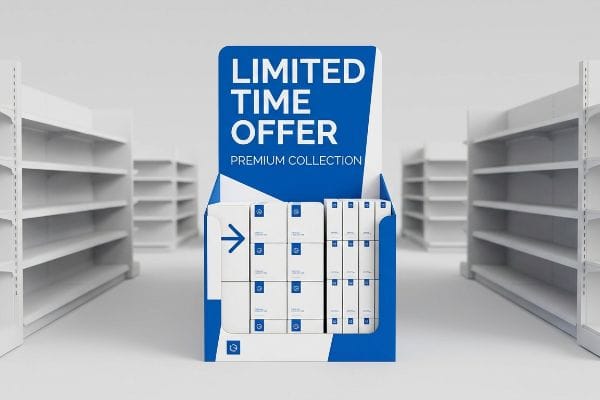 Blue and white end-of-aisle display stand featuring 'Limited Time Offer Premium Collection' text and white product boxes.