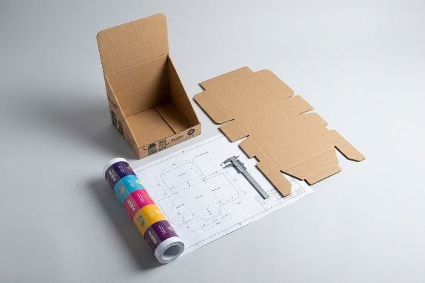 Display box customization process featuring an assembled corrugated merchandiser, a flat die-cut template, a rolled blueprint with 'Perfecto' labels, and a precision caliper.
