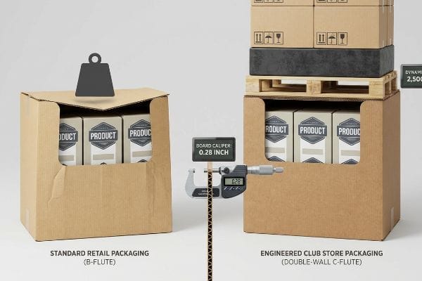 Corrugated packaging comparison: Standard Retail B-Flute with weight, Engineered Club Store Double-Wall C-Flute, 0.28 inch board caliper.