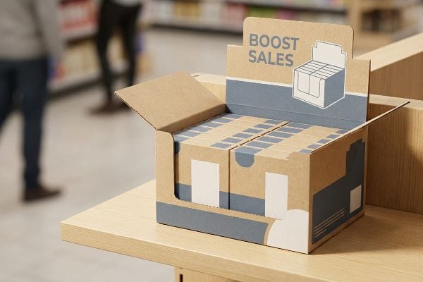A retail display box made of kraft corrugated cardboard with a 