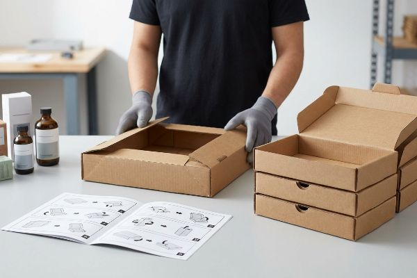 Brown corrugated cardboard box being assembled by gloved hands, with a visual instruction guide and stacked modular trays for retail display setup.