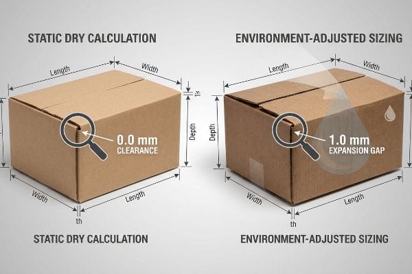 Two cardboard boxes compare Static Dry Calculation with 0.0mm clearance to Environment-Adjusted Sizing with a 1.0mm expansion gap.