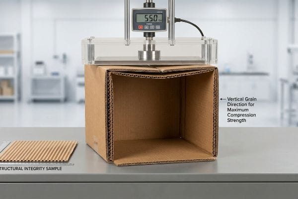 Corrugated box compression test, 550 lbs displayed, showing Vertical Grain Direction for Maximum Compression Strength. Structural Integrity Sample present.